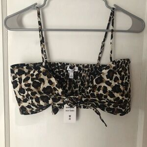 Express x Rocky Barnes Leopard Print Linen Blend smocked tie Top / Bandeau